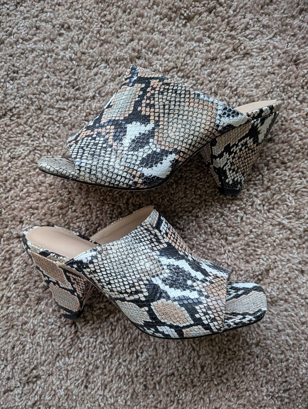 Snakeskin Peep-toe Block Heel Mules Women's Size 41